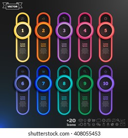 Vector infographic design list with colorful circles on the black background. Business concept. 10 options, parts, steps. Can be used for graph, diagram, chart, workflow layout, number options, web