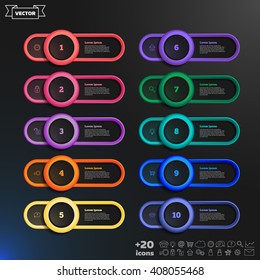 Vector infographic design list with colorful circles on the black background. Business concept. 10 options, parts, steps. Can be used for graph, diagram, chart, workflow layout, number options, web