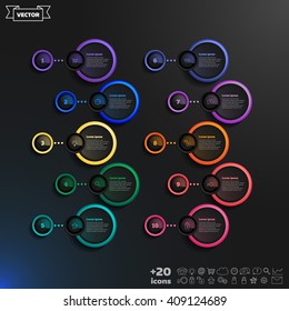 Vector infographic design list with colorful circles on the black background. Business concept. 10 options, parts, steps. Can be used for graph, diagram, chart, workflow layout, number options, web