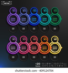 Vector infographic design list with colorful circles on the black background. Business concept. 10 options, parts, steps. Can be used for graph, diagram, chart, workflow layout, number options, web