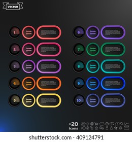 Vector infographic design list with colorful circles on the black background. Business concept. 10 options, parts, steps. Can be used for graph, diagram, chart, workflow layout, number options, web