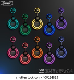 Vector infographic design list with colorful circles on the black background. Business concept. 10 options, parts, steps. Can be used for graph, diagram, chart, workflow layout, number options, web