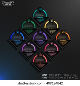 Vector infographic design list with colorful circles on the black background. Business concept. 9 options, parts, steps. Can be used for graph, diagram, chart, workflow layout, number options, web