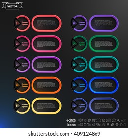 Vector infographic design list with colorful circles on the black background. Business concept. 10 options, parts, steps. Can be used for graph, diagram, chart, workflow layout, number options, web