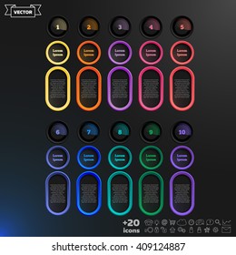 Vector infographic design list with colorful circles on the black background. Business concept. 10 options, parts, steps. Can be used for graph, diagram, chart, workflow layout, number options, web