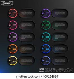 Vector infographic design list with colorful circles on the black background. Business concept. 10 options, parts, steps. Can be used for graph, diagram, chart, workflow layout, number options, web