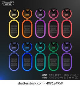 Vector infographic design list with colorful circles on the black background. Business concept. 10 options, parts, steps. Can be used for graph, diagram, chart, workflow layout, number options, web