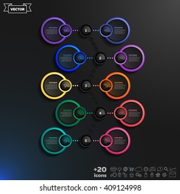 Vector infographic design list with colorful circles on the black background. Business concept. 5 options, parts, steps. Can be used for graph, diagram, chart, workflow layout, number options, web