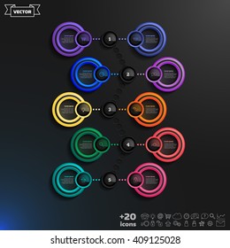 Vector infographic design list with colorful circles on the black background. Business concept. 5 options, parts, steps. Can be used for graph, diagram, chart, workflow layout, number options, web