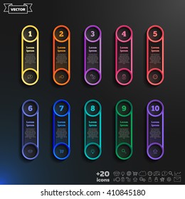 Vector infographic design list with colorful circles on the black background. Business concept. 10 options, parts, steps. Can be used for graph, diagram, chart, workflow layout, number options, web