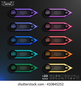 Vector infographic design list with colorful circles on the black background. Business concept. 10 options, parts, steps. Can be used for graph, diagram, chart, workflow layout, number options, web