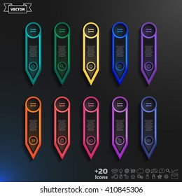 Vector infographic design list with colorful circles on the black background. Business concept. 10 options, parts, steps. Can be used for graph, diagram, chart, workflow layout, number options, web