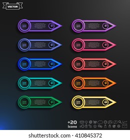 Vector infographic design list with colorful circles on the black background. Business concept. 10 options, parts, steps. Can be used for graph, diagram, chart, workflow layout, number options, web