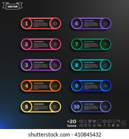 Vector infographic design list with colorful circles on the black background. Business concept. 10 options, parts, steps. Can be used for graph, diagram, chart, workflow layout, number options, web