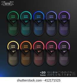 Vector infographic design list with colorful circles on the black background. Business concept. 10 options, parts, steps. Can be used for graph, diagram, chart, workflow layout, number options, web