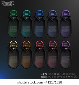 Vector infographic design list with colorful circles on the black background. Business concept. 10 options, parts, steps. Can be used for graph, diagram, chart, workflow layout, number options, web