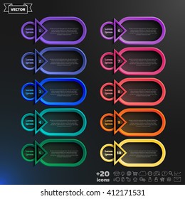 Vector infographic design list with colorful circles on the black background. Business concept. 10 options, parts, steps. Can be used for graph, diagram, chart, workflow layout, number options, web