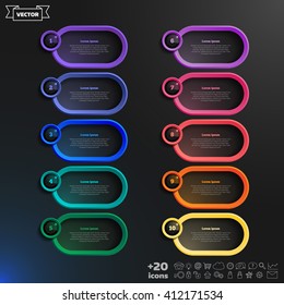 Vector infographic design list with colorful circles on the black background. Business concept. 10 options, parts, steps. Can be used for graph, diagram, chart, workflow layout, number options, web