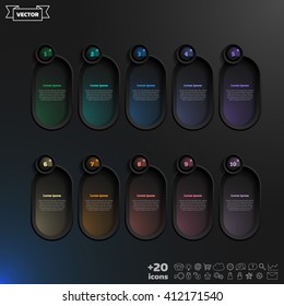 Vector infographic design list with colorful circles on the black background. Business concept. 10 options, parts, steps. Can be used for graph, diagram, chart, workflow layout, number options, web
