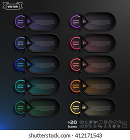 Vector infographic design list with colorful circles on the black background. Business concept. 10 options, parts, steps. Can be used for graph, diagram, chart, workflow layout, number options, web