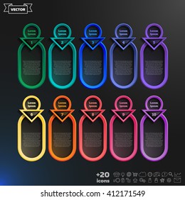 Vector infographic design list with colorful circles on the black background. Business concept. 10 options, parts, steps. Can be used for graph, diagram, chart, workflow layout, number options, web