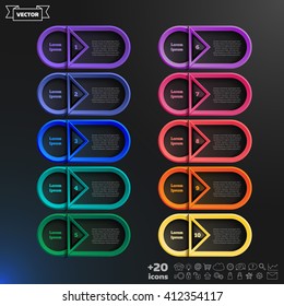 Vector infographic design list with colorful circles on the black background. Business concept. 10 options, parts, steps. Can be used for graph, diagram, chart, workflow layout, number options, web