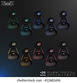 Vector infographic design list with colorful circles on the black background. Business concept. 10 options, parts, steps. Can be used for graph, diagram, chart, workflow layout, number options, web
