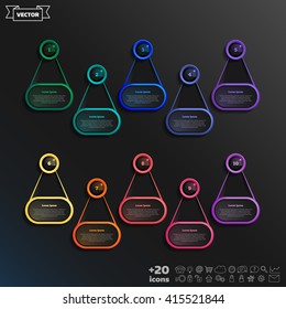 Vector infographic design list with colorful circles on the black background. Business concept. 10 options, parts, steps. Can be used for graph, diagram, chart, workflow layout, number options, web
