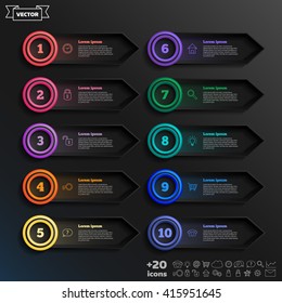 Vector infographic design list with colorful circles on the black background. Business concept. 10 options, parts, steps. Can be used for graph, diagram, chart, workflow layout, number options, web