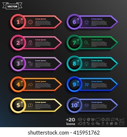 Vector infographic design list with colorful circles on the black background. Business concept. 10 options, parts, steps. Can be used for graph, diagram, chart, workflow layout, number options, web