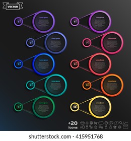 Vector infographic design list with colorful circles on the black background. Business concept. 10 options, parts, steps. Can be used for graph, diagram, chart, workflow layout, number options, web