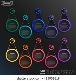 Vector infographic design list with colorful circles on the black background. Business concept. 10 options, parts, steps. Can be used for graph, diagram, chart, workflow layout, number options, web