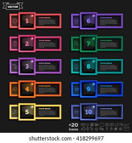 Vector infographic design list with colorful square on the black background. Business concept. 10 options, parts, steps. Can be used for graph, diagram, chart, workflow layout, number options, web
