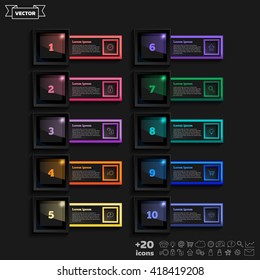 Vector infographic design list with colorful square on the black background. Business concept. 10 options, parts, steps. Can be used for graph, diagram, chart, workflow layout, number options, web