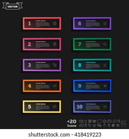 Vector infographic design list with colorful square on the black background. Business concept. 10 options, parts, steps. Can be used for graph, diagram, chart, workflow layout, number options, web