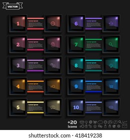 Vector infographic design list with colorful square on the black background. Business concept. 10 options, parts, steps. Can be used for graph, diagram, chart, workflow layout, number options, web