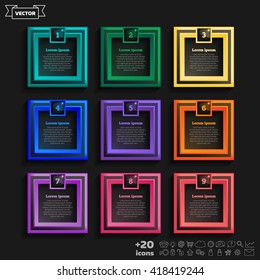 Vector infographic design list with colorful square on the black background. Business concept. 9 options, parts, steps. Can be used for graph, diagram, chart, workflow layout, number options, web