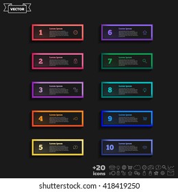 Vector infographic design list with colorful square on the black background. Business concept. 10 options, parts, steps. Can be used for graph, diagram, chart, workflow layout, number options, web