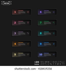 Vector infographic design list with colorful square on the black background. Business concept. 10 options, parts, steps. Can be used for graph, diagram, chart, workflow layout, number options, web