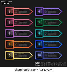 Vector infographic design list with colorful square on the black background. Business concept. 10 options, parts, steps. Can be used for graph, diagram, chart, workflow layout, number options, web