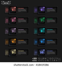 Vector infographic design list with colorful square on the black background. Business concept. 10 options, parts, steps. Can be used for graph, diagram, chart, workflow layout, number options, web