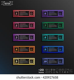 Vector infographic design list with colorful square on the black background. Business concept. 10 options, parts, steps. 