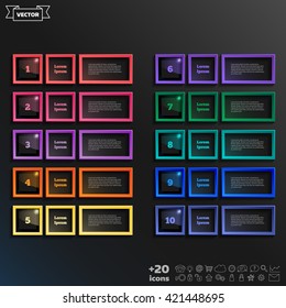 Vector infographic design list with colorful square on the black background. Business concept. 10 options, parts, steps.  