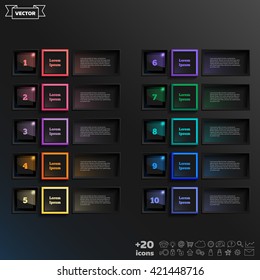 Vector infographic design list with colorful square on the black background. Business concept. 10 options, parts, steps. 