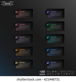Vector infographic design list with colorful square on the black background. Business concept. 10 options, parts, steps. 