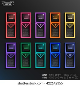 Vector infographic design list with colorful square on the black background. Business concept. 10 options, parts, steps. Can be used for graph, diagram, chart, workflow layout, number options, web