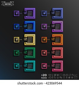 Vector infographic design list with colorful square on the black background. Business concept. 10 options, parts, steps. Can be used for graph, diagram, chart, workflow layout, number options, web