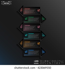 Vector infographic design list with colorful arrow on the black background. Business concept. 6 options, parts, steps. Can be used for graph, diagram, chart, workflow layout, number options, web