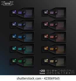 Vector infographic design list with colorful square on the black background. Business concept. 10 options, parts, steps. Can be used for graph, diagram, chart, workflow layout, number options, web