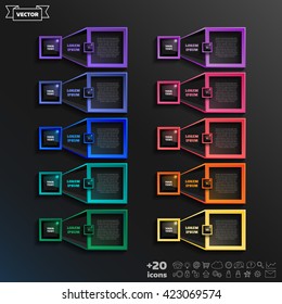 Vector infographic design list with colorful square on the black background. Business concept. 10 options, parts, steps. Can be used for graph, diagram, chart, workflow layout, number options, web